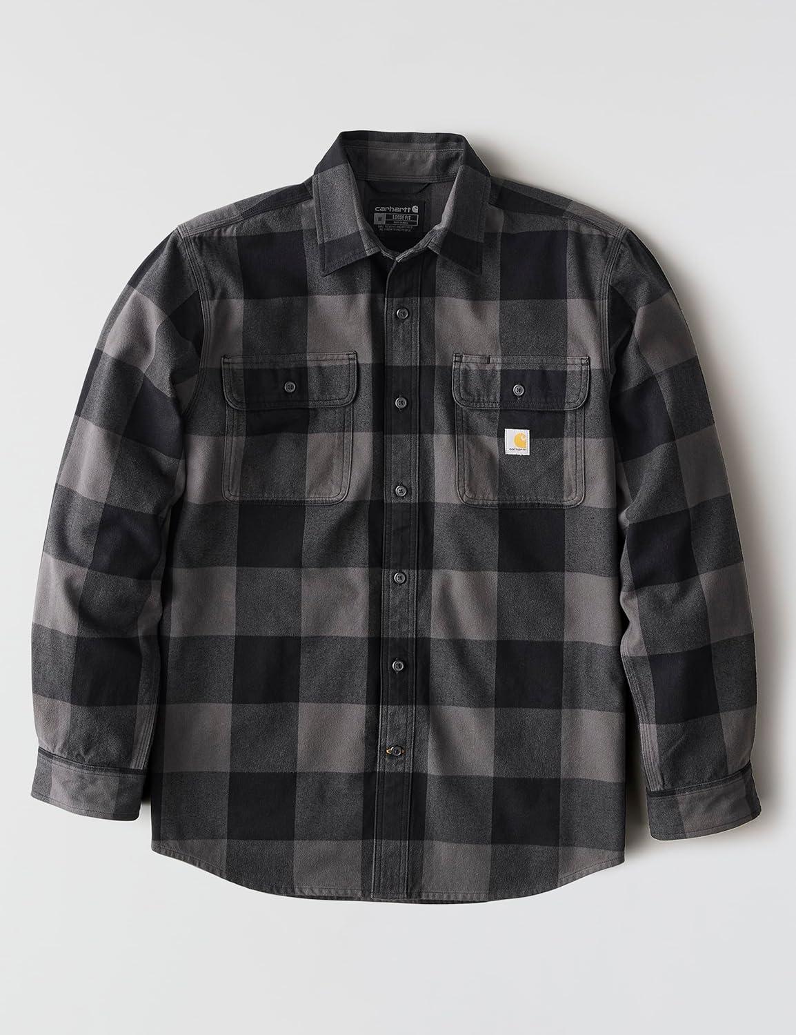 imageCarhartt Mens Loose Fit Heavyweight Flannel LongSleeve Plaid ShirtGravel
