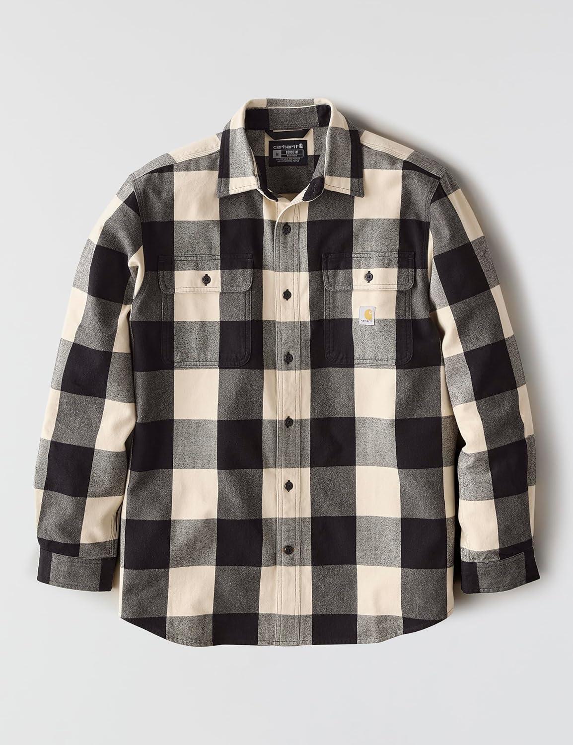 imageCarhartt Mens Loose Fit Heavyweight Flannel LongSleeve Plaid ShirtOat Milk
