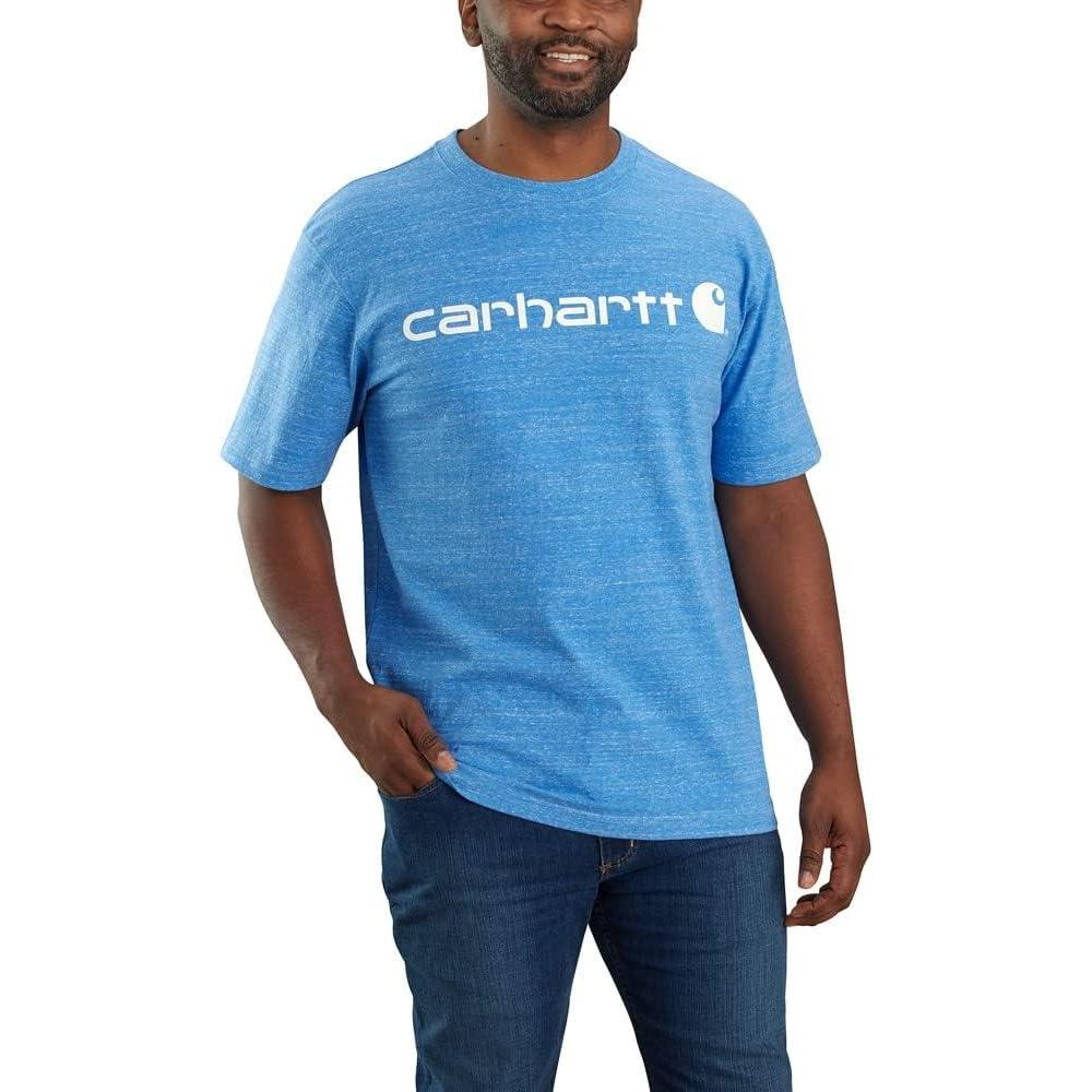 imageCarhartt Mens Big Signature Logo Short Sleeve TShirtBlue Lagoon Snow Heather