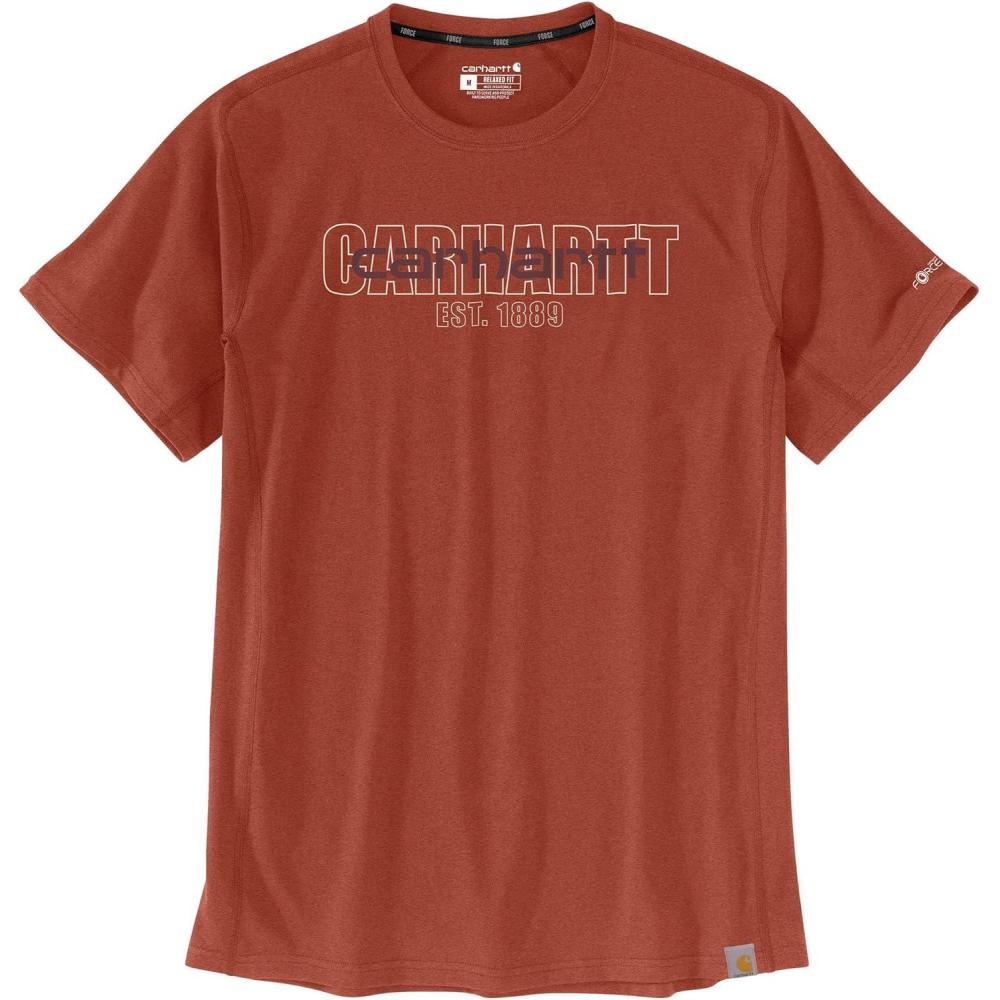 imageCarhartt Mens Force Relaxed Fit Midweight ShortSleeve Logo Graphic TShirtSaddle Red Heather