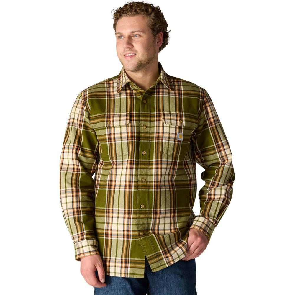 imageCarhartt Mens Loose Fit Heavyweight Flannel LongSleeve Plaid ShirtDark Bronzed Green