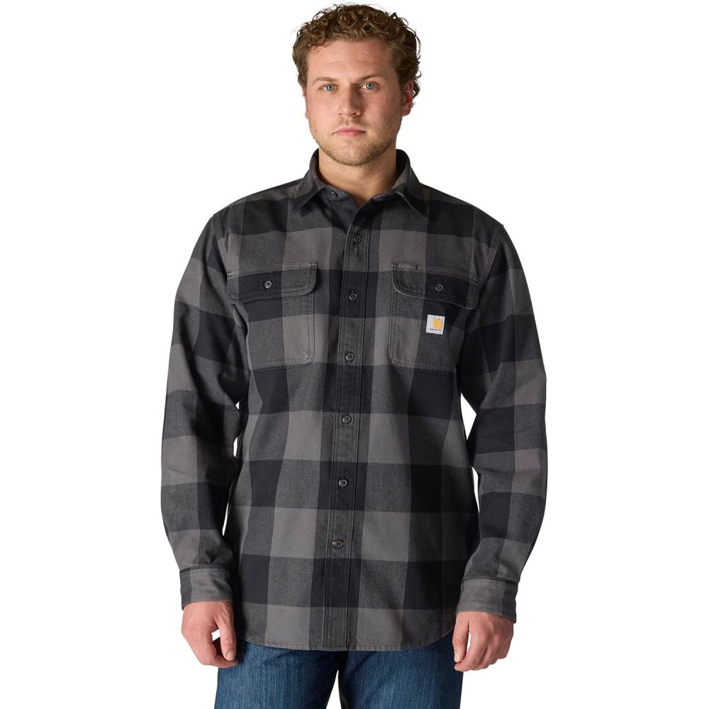 imageCarhartt Mens Loose Fit Heavyweight Flannel LongSleeve Plaid ShirtGravel