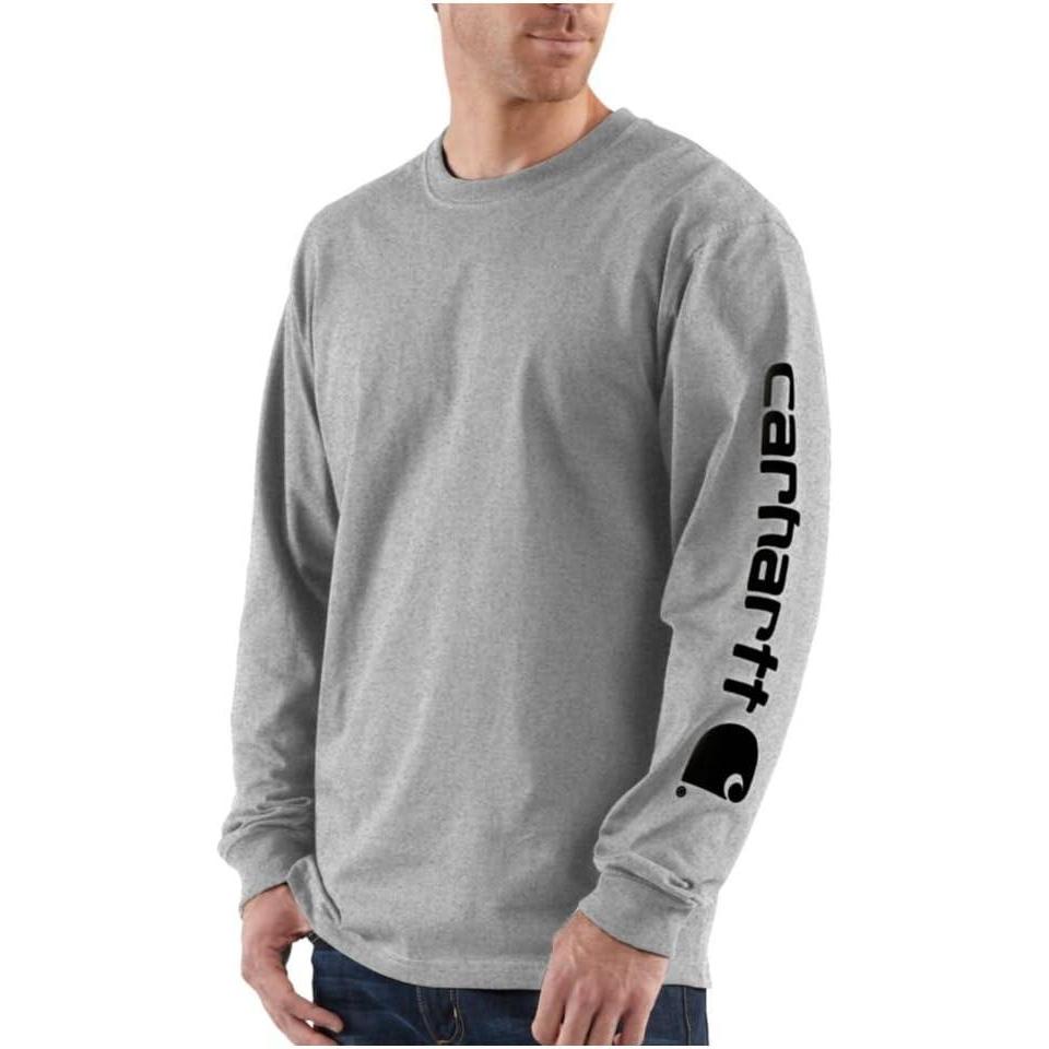 imageCarhartt Mens Loose Fit Heavyweight Longsleeve Logo Sleeve Graphic TshirtHeather Grey