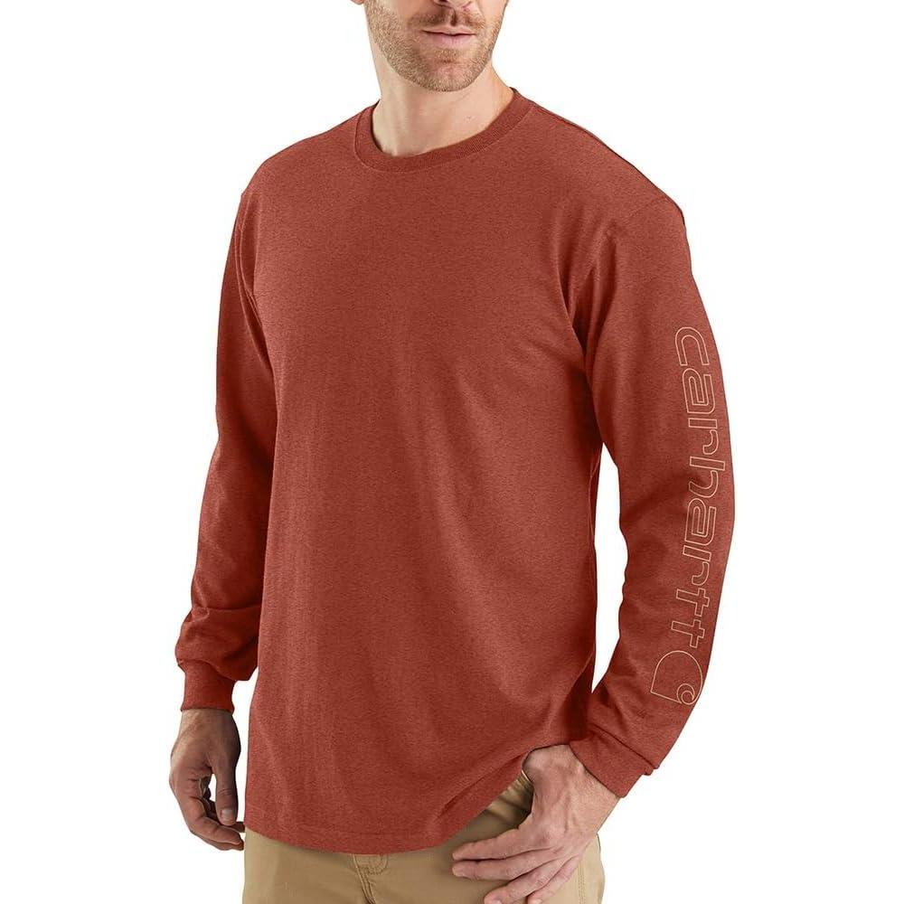 imageCarhartt Mens Loose Fit Heavyweight Longsleeve Logo Sleeve Graphic TshirtSaddle Red Heather