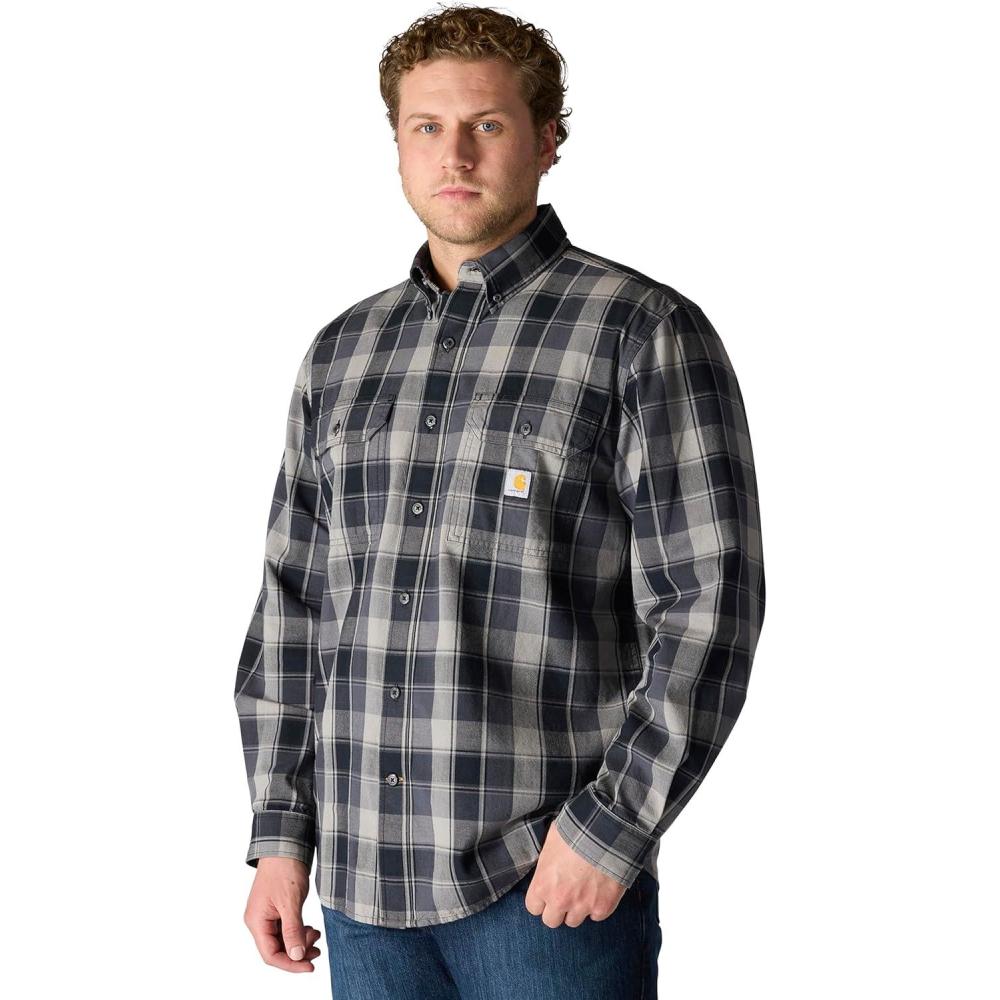 imageCarhartt Mens Loose Fit Midweight Chambray LongSleeve Plaid ShirtBlack