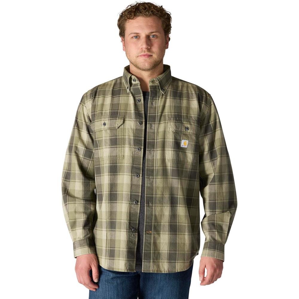 imageCarhartt Mens Loose Fit Midweight Chambray LongSleeve Plaid ShirtDusty Olive