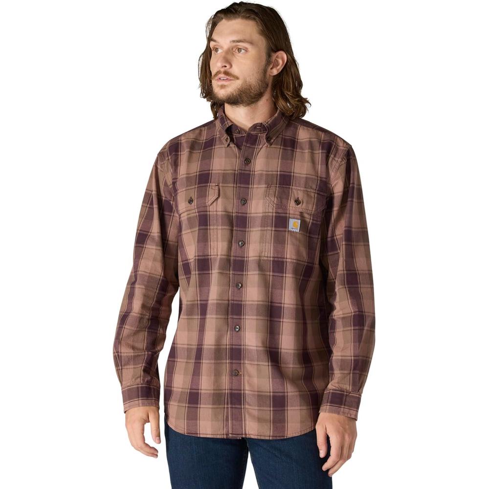 imageCarhartt Mens Loose Fit Midweight Chambray LongSleeve Plaid ShirtSepia