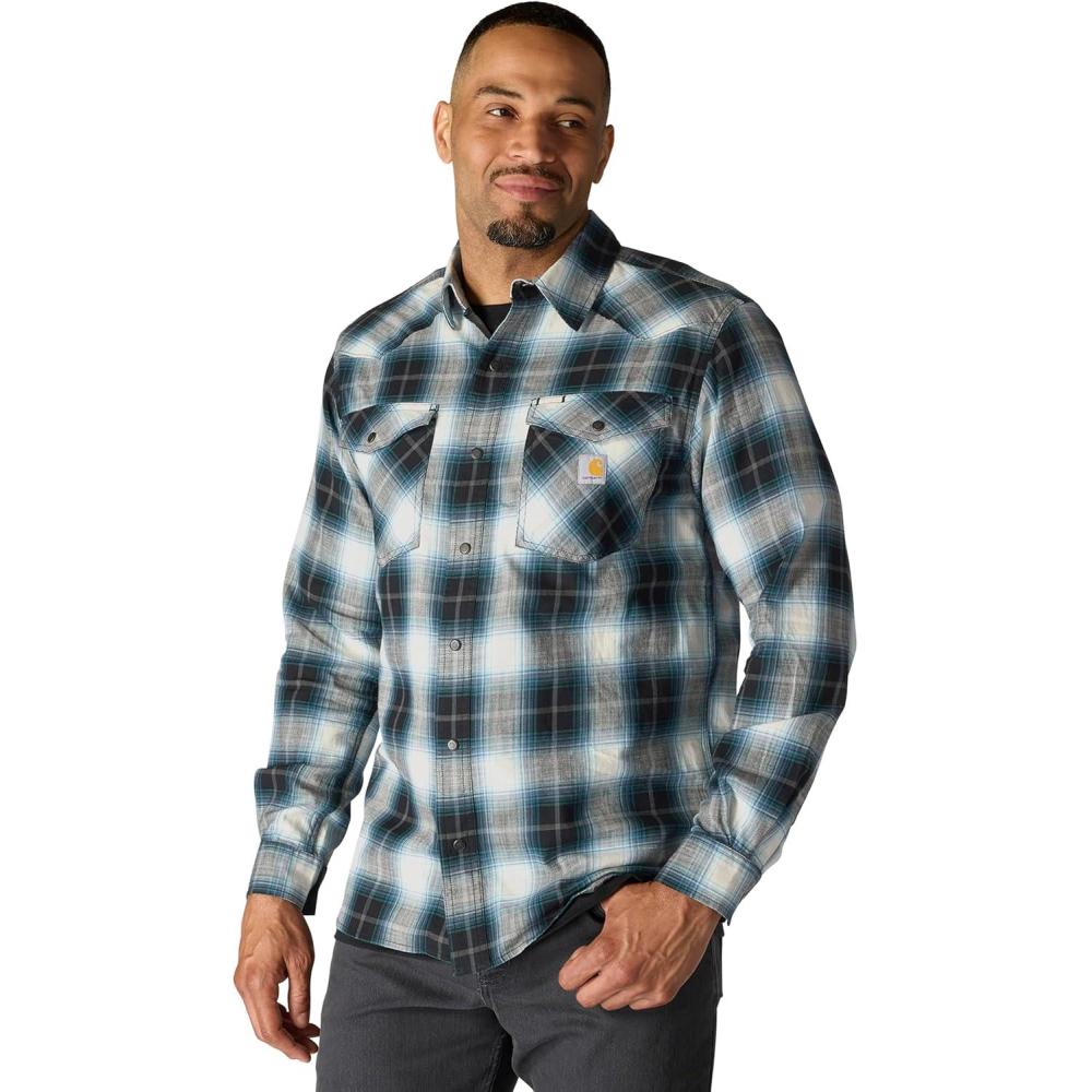 imageCarhartt Mens Montana Rugged Flex Relaxed Fit Lightweight LongSleeve SnapFront Plaid ShirtBlack