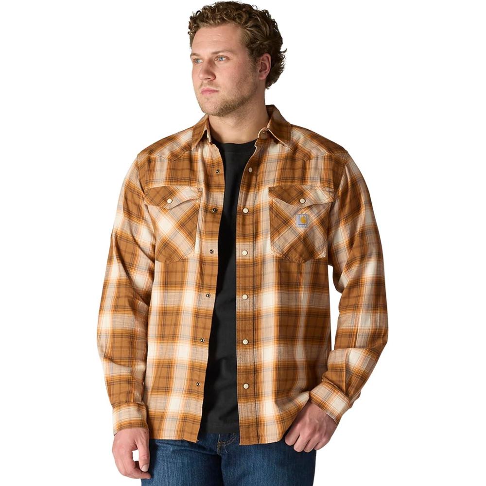 imageCarhartt Mens Montana Rugged Flex Relaxed Fit Lightweight LongSleeve SnapFront Plaid ShirtCarhartt Brown