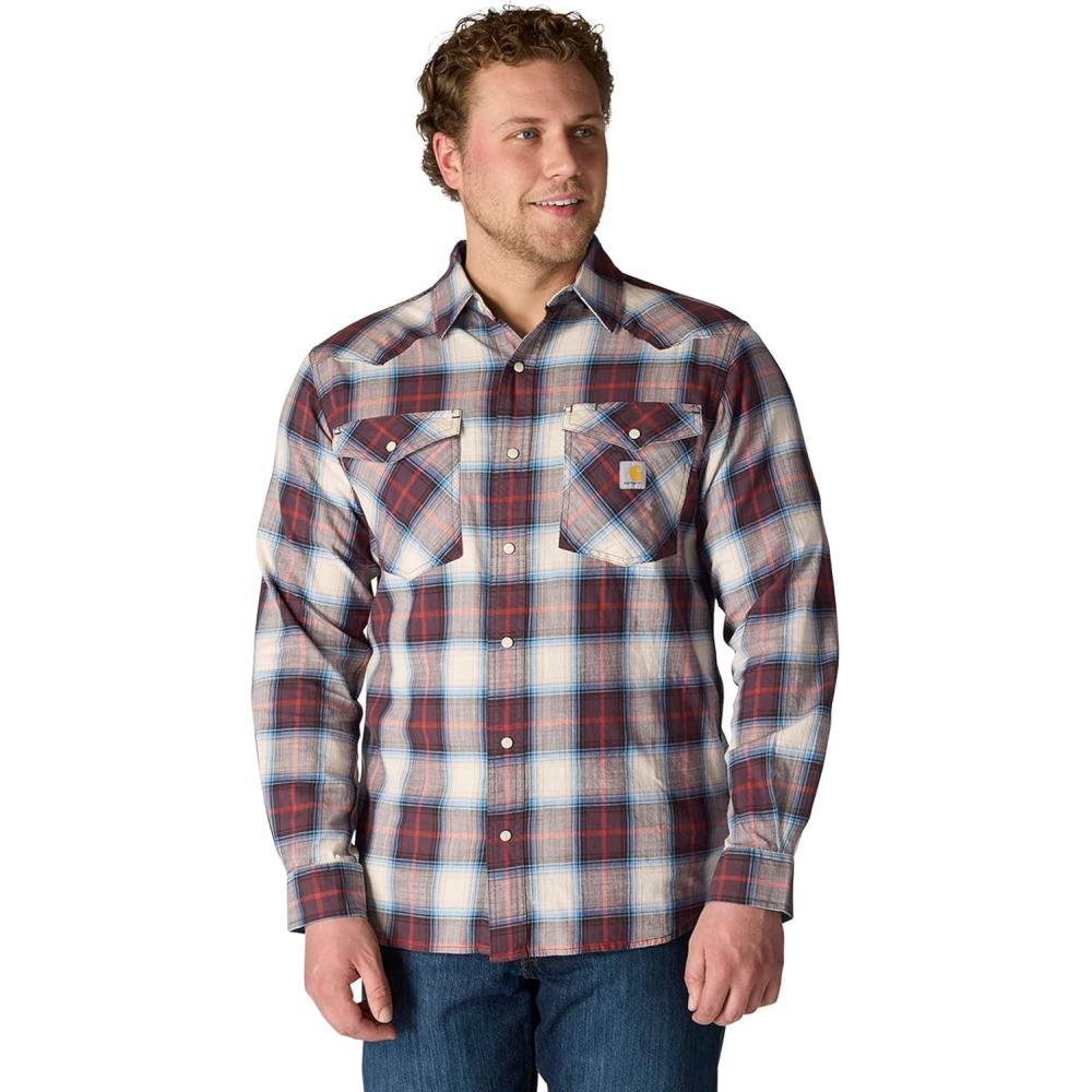 imageCarhartt Mens Montana Rugged Flex Relaxed Fit Lightweight LongSleeve SnapFront Plaid ShirtDark Sepia