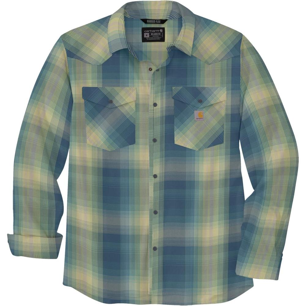 imageCarhartt Mens Montana Rugged Flex Relaxed Fit Lightweight LongSleeve SnapFront Plaid ShirtStorm Blue