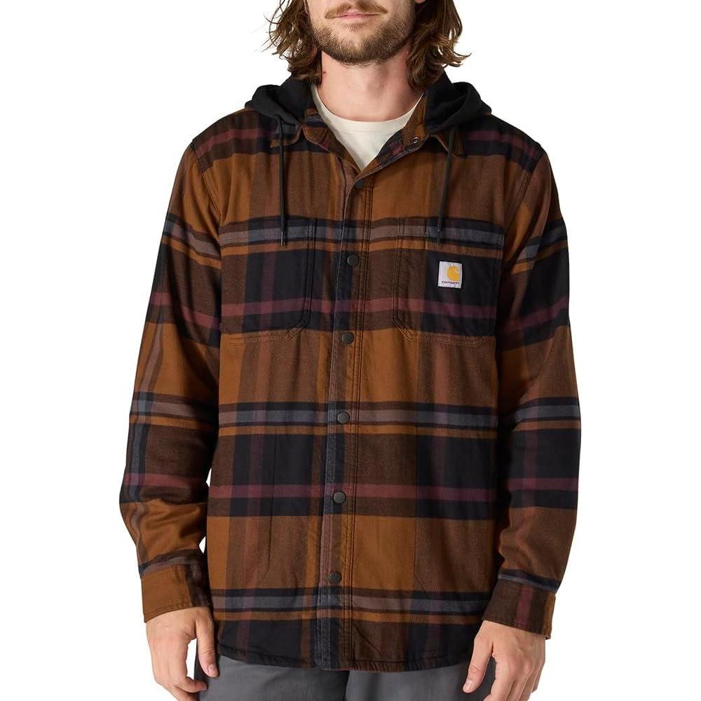 imageCarhartt Mens Rugged Flex Relaxed Fit Flannel Fleece Lined Hooded Shirt JacBlack
