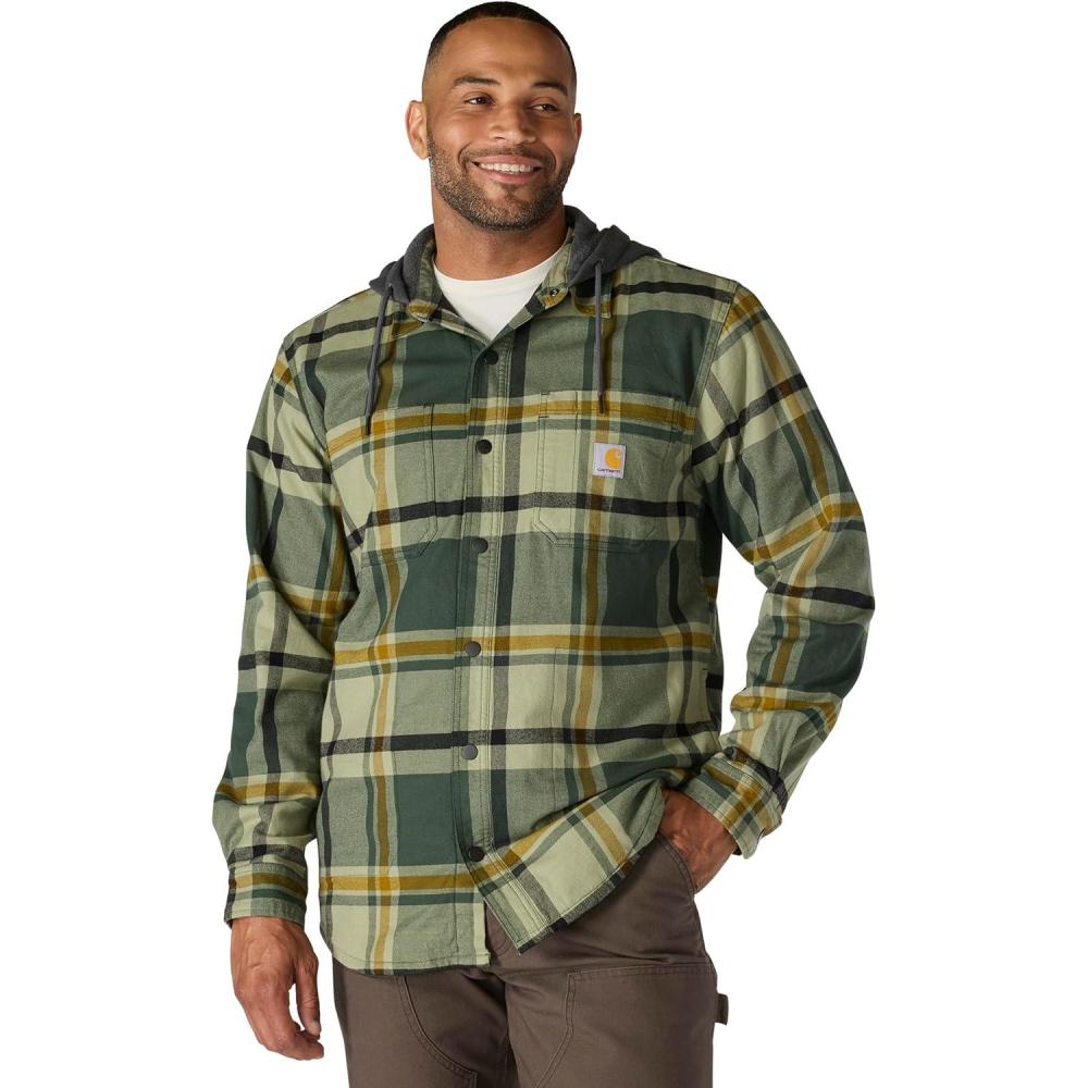 imageCarhartt Mens Rugged Flex Relaxed Fit Flannel Fleece Lined Hooded Shirt JacForestry Green