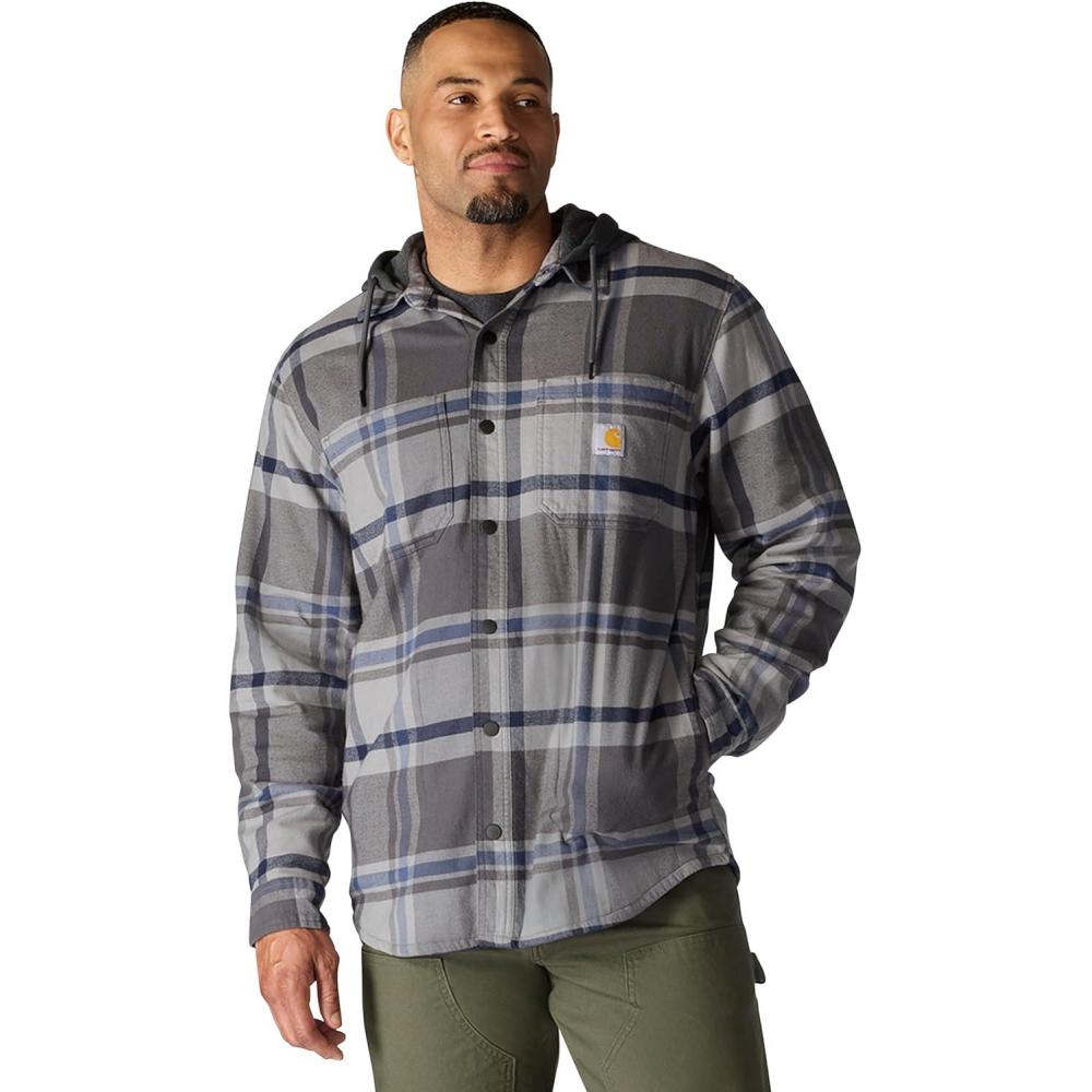 imageCarhartt Mens Rugged Flex Relaxed Fit Flannel Fleece Lined Hooded Shirt JacGravel