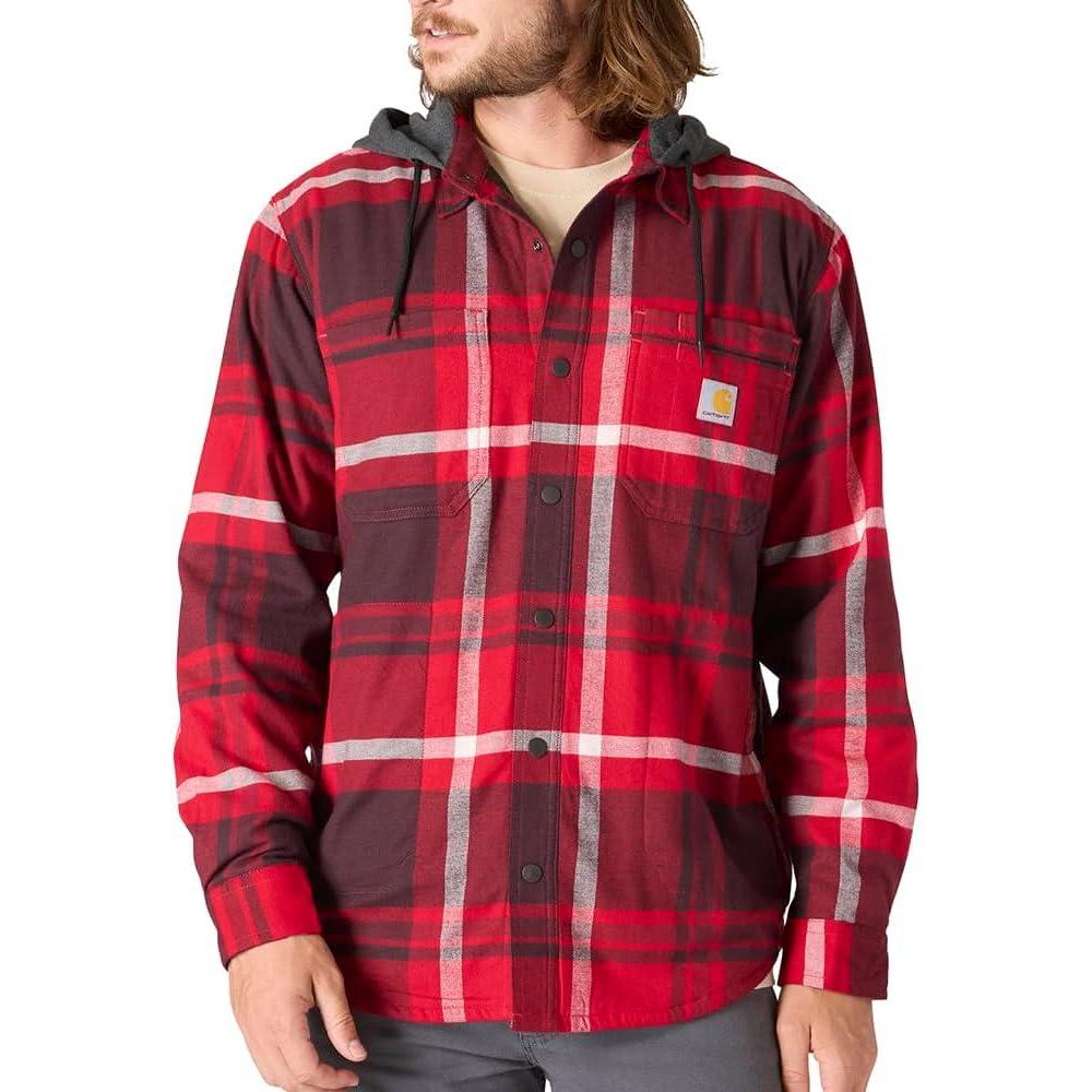 imageCarhartt Mens Rugged Flex Relaxed Fit Flannel Fleece Lined Hooded Shirt JacIndustry Red