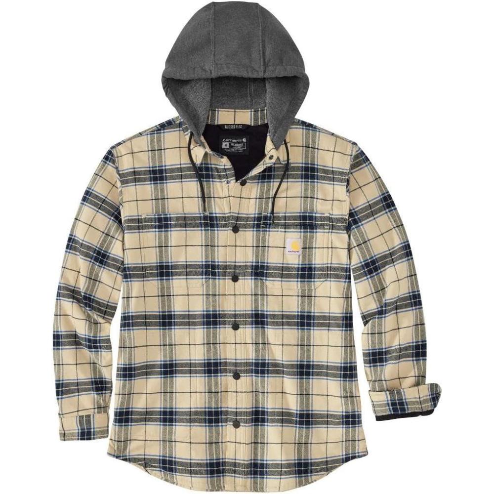 imageCarhartt Mens Rugged Flex Relaxed Fit Flannel Fleece Lined Hooded Shirt JacOat Milk
