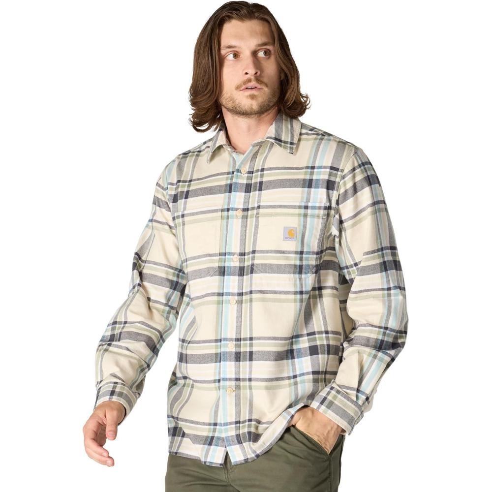 imageCarhartt Mens Rugged Flex Relaxed Fit Midweight Flannel LongSleeve Plaid ShirtOat Milk