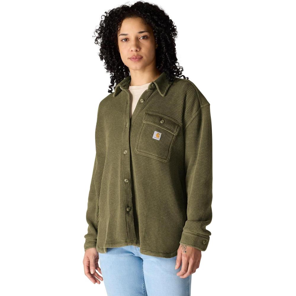 imageCarhartt Womens Oversizedfit Heavyweight Waffle Knit ShirtDark Bronzed Green