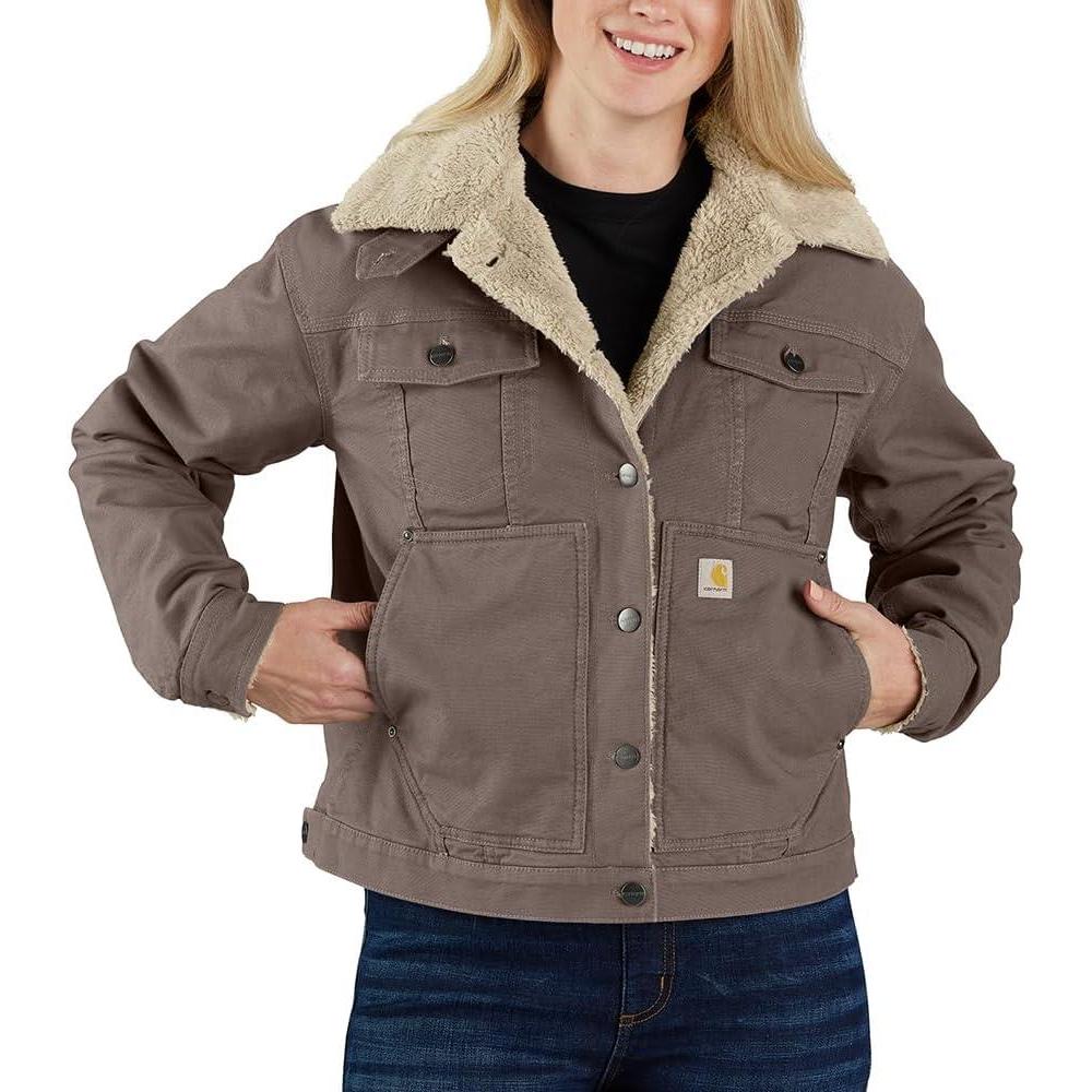 imageCarhartt Womens Rugged Flex Loose Fit Canvas SherpaLined JacketTaupe Gray