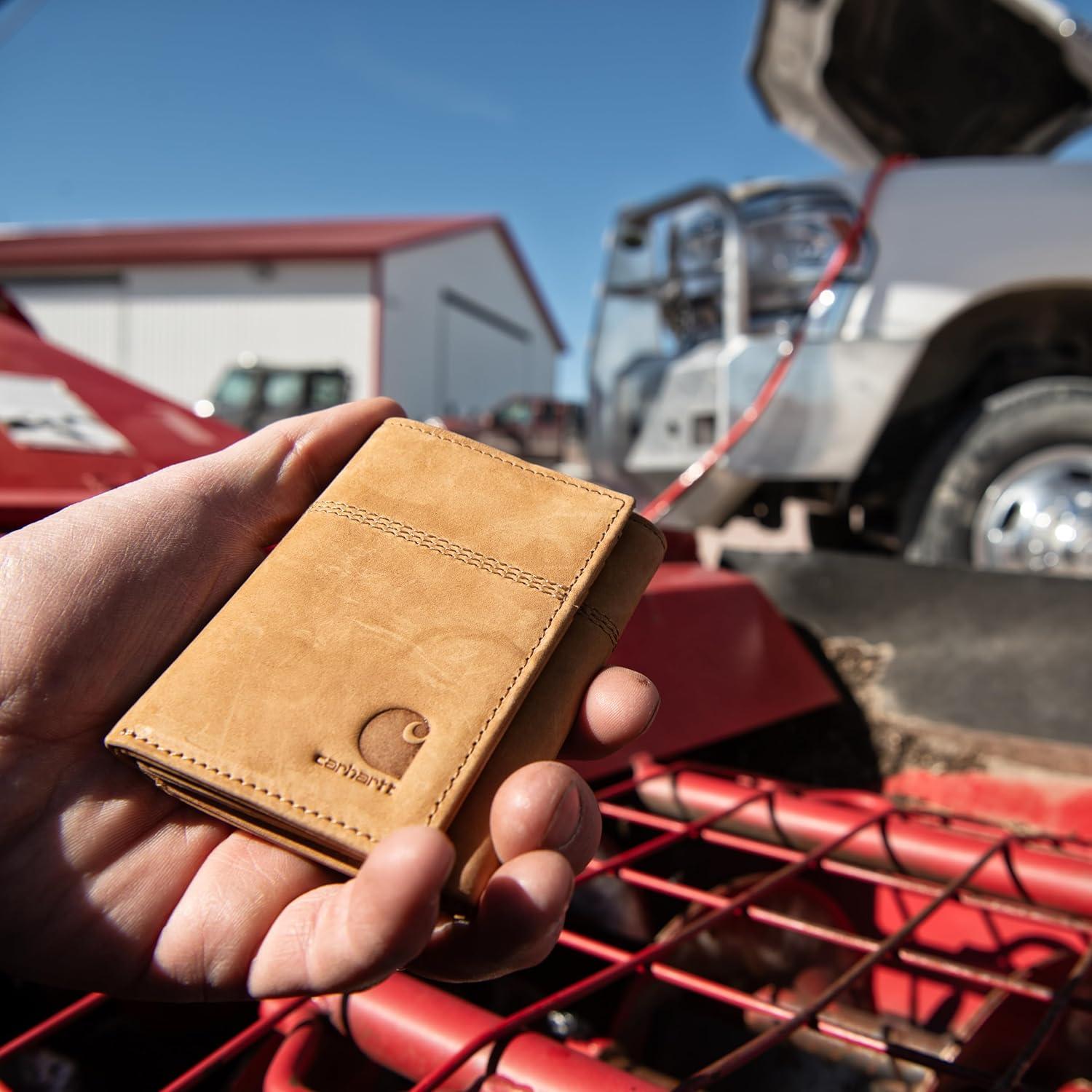 imageCarhartt Mens Casual Saddle Leather Wallets Available in Multiple Styles and ColorsCarhartt Brown Trifold