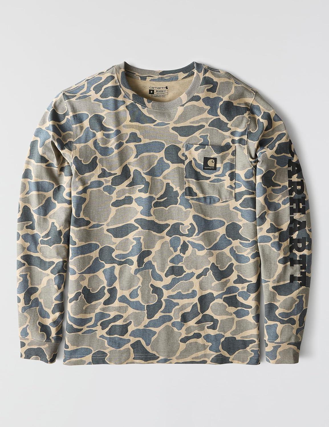 imageCarhartt Mens Relaxed Fit Heavyweight LongSleeve Pocket Camo Logo Graphic TShirtKhaki Vintage Camo
