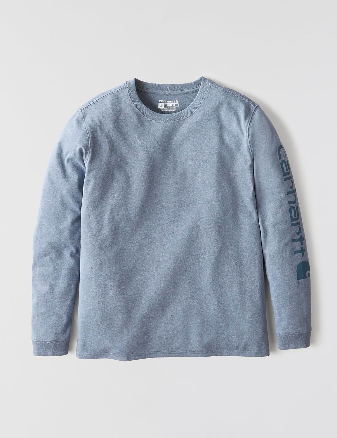 imageCarhartt Womens Loose Fit Heavyweight LongSleeve Logo Sleeve Graphic TShirtLight Faded Navy Heather