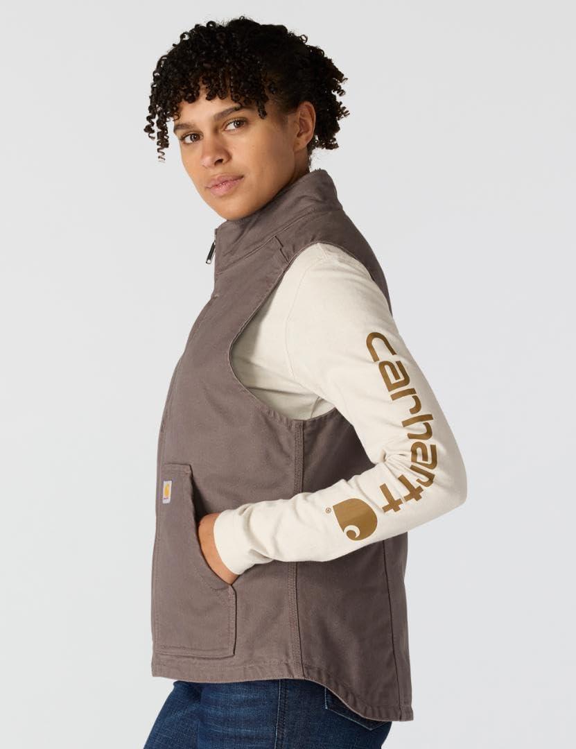 imageCarhartt Womens Relaxed Fit Washed Duck SherpaLined MockNeck VestTaupe Gray