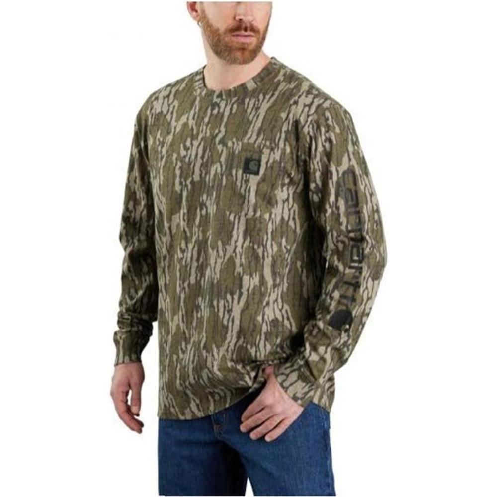 imageCarhartt Mens 105483 Loose Fit Heavyweight LongSleeve Pocket Camo Logo GraphiMossy Oak Bottomland Camo