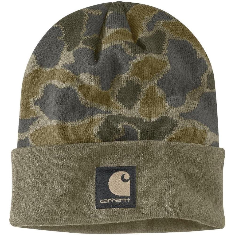 imageCarhartt Mens 106336 Knit Camo Patch BeanieBurnt Olive Vintage Camo