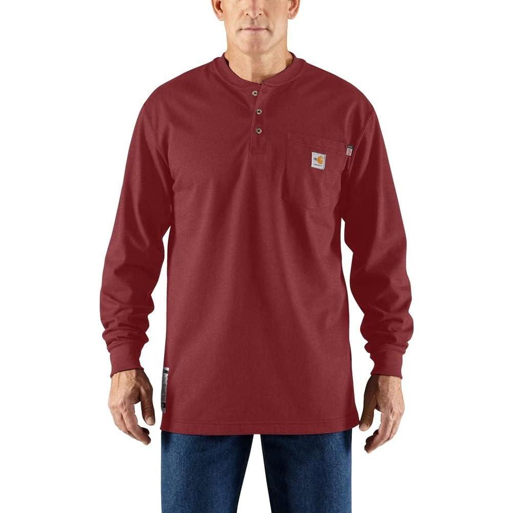 imageCarhartt Mens Flame Resistant Force Cotton Long Sleeve HenleyDark Barn Red