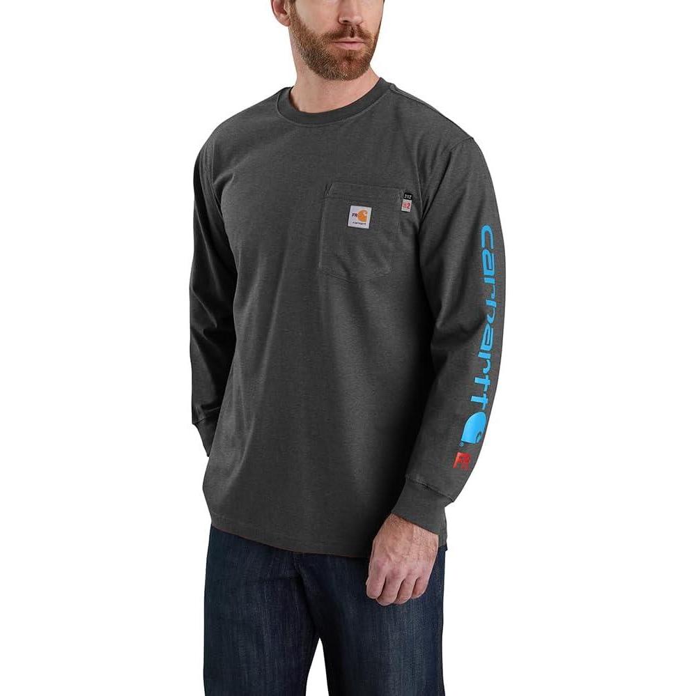 imageCarhartt Mens Flame Resistant Force Loose Fit Lightweight LongSleeve Logo Graphic TShirtCarbon Heather