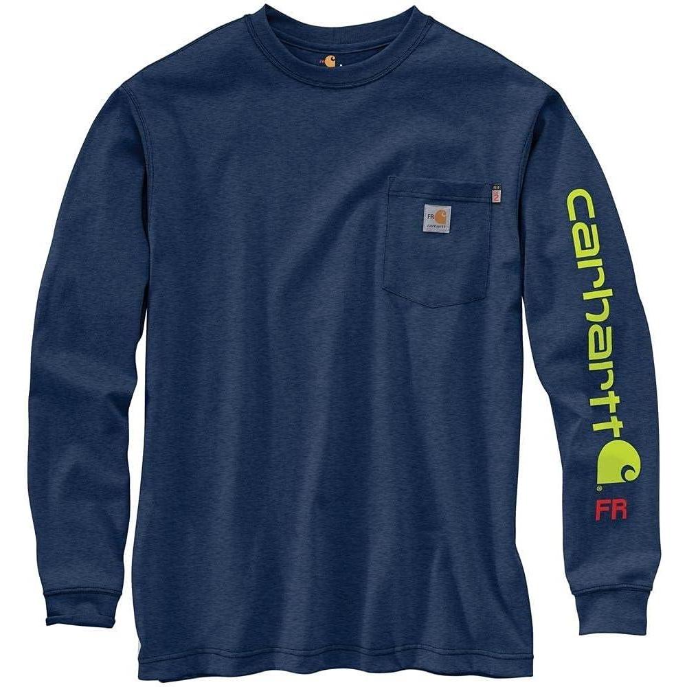 imageCarhartt Mens Flame Resistant Force Loose Fit Lightweight LongSleeve Logo Graphic TShirtDark Blue Heather
