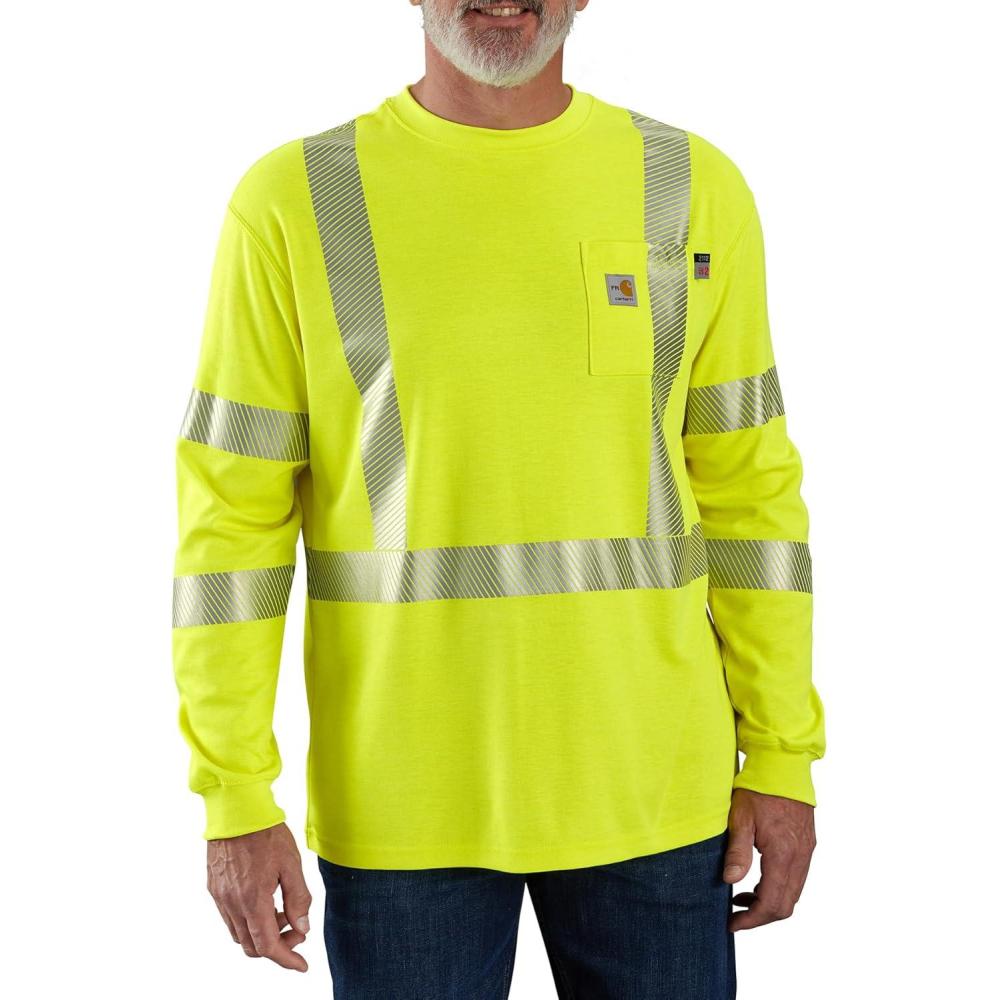 imageCarhartt Mens Flame Resistant HighVisibility Force Loose Fit Midweight LongSleeve Class 3 Pocket TShirtBrite Lime