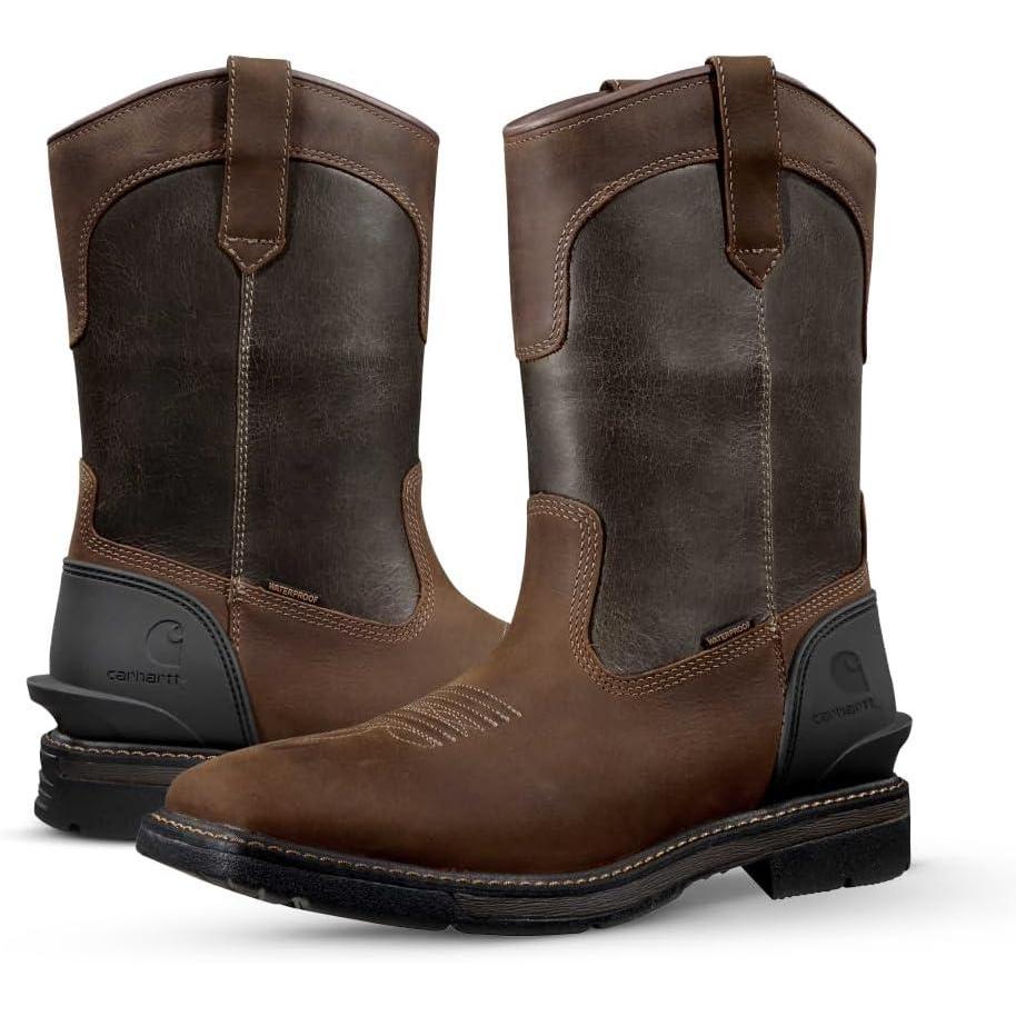 imageCarhartt Mens Montana Square Toe Wellington 11quot Waterproof Pullon Industrial Boots BrownBurnt Olive 105 M