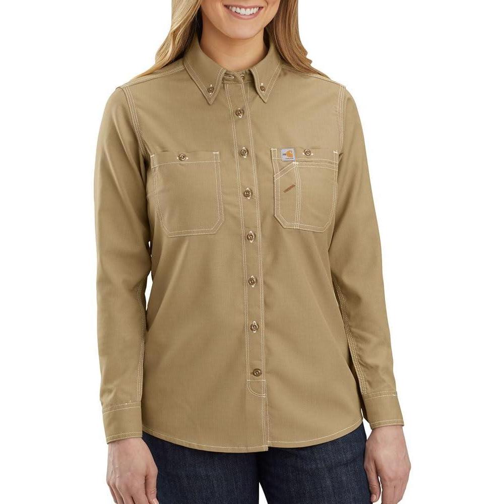 imageCarhartt Womens Flame Resistant Force Relaxed Fit Lightweight LongSleeve ButtonFront ShirtDark Khaki