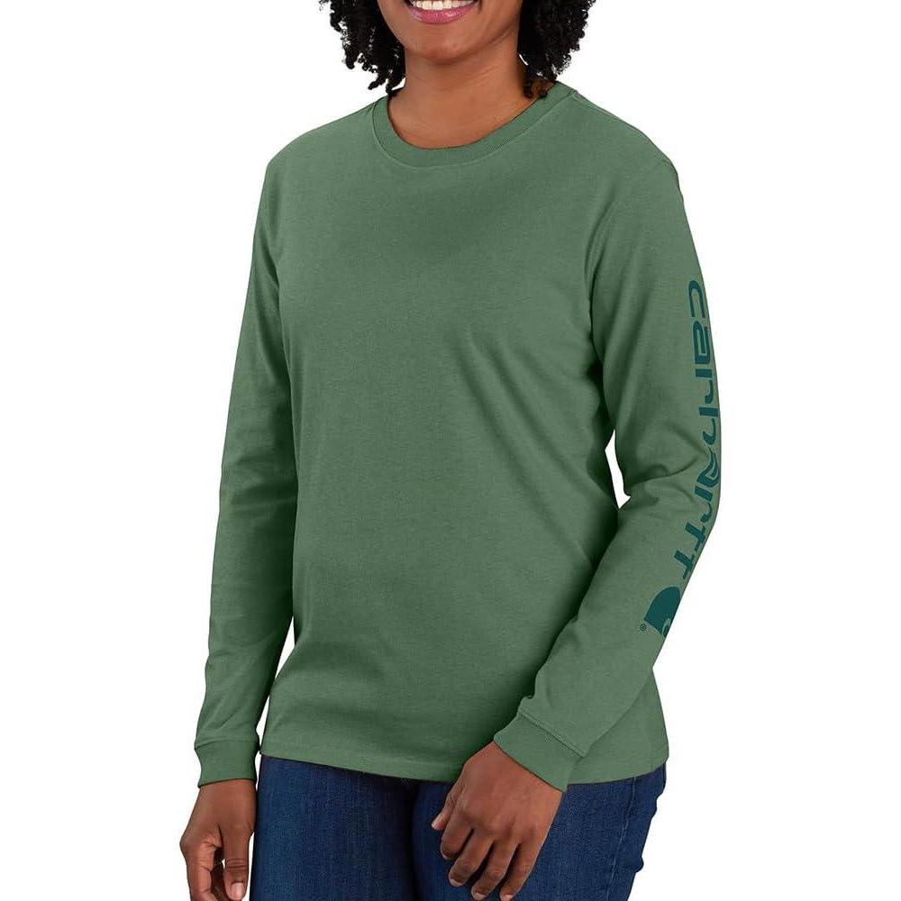 imageCarhartt Womens Loose Fit Heavyweight LongSleeve Logo Sleeve Graphic TShirtFrosted Balsam