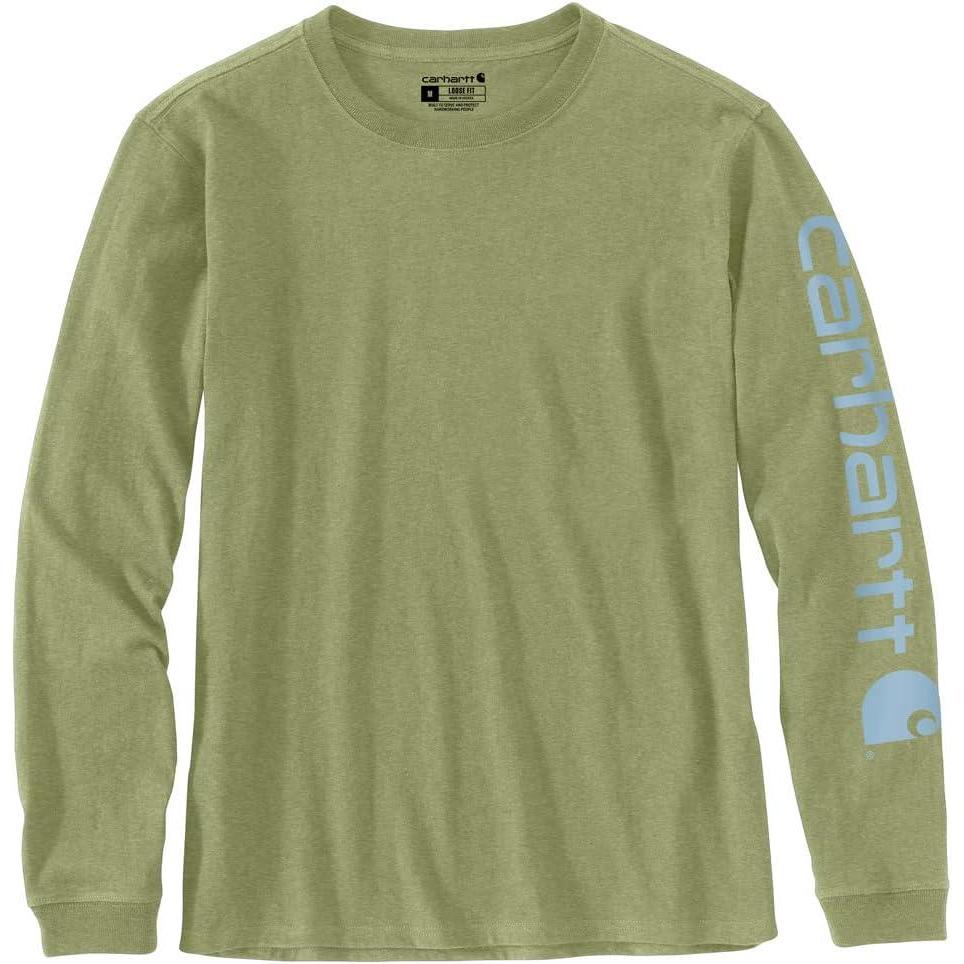 imageCarhartt Womens Loose Fit Heavyweight LongSleeve Logo Sleeve Graphic TShirtGreen Olive Heather