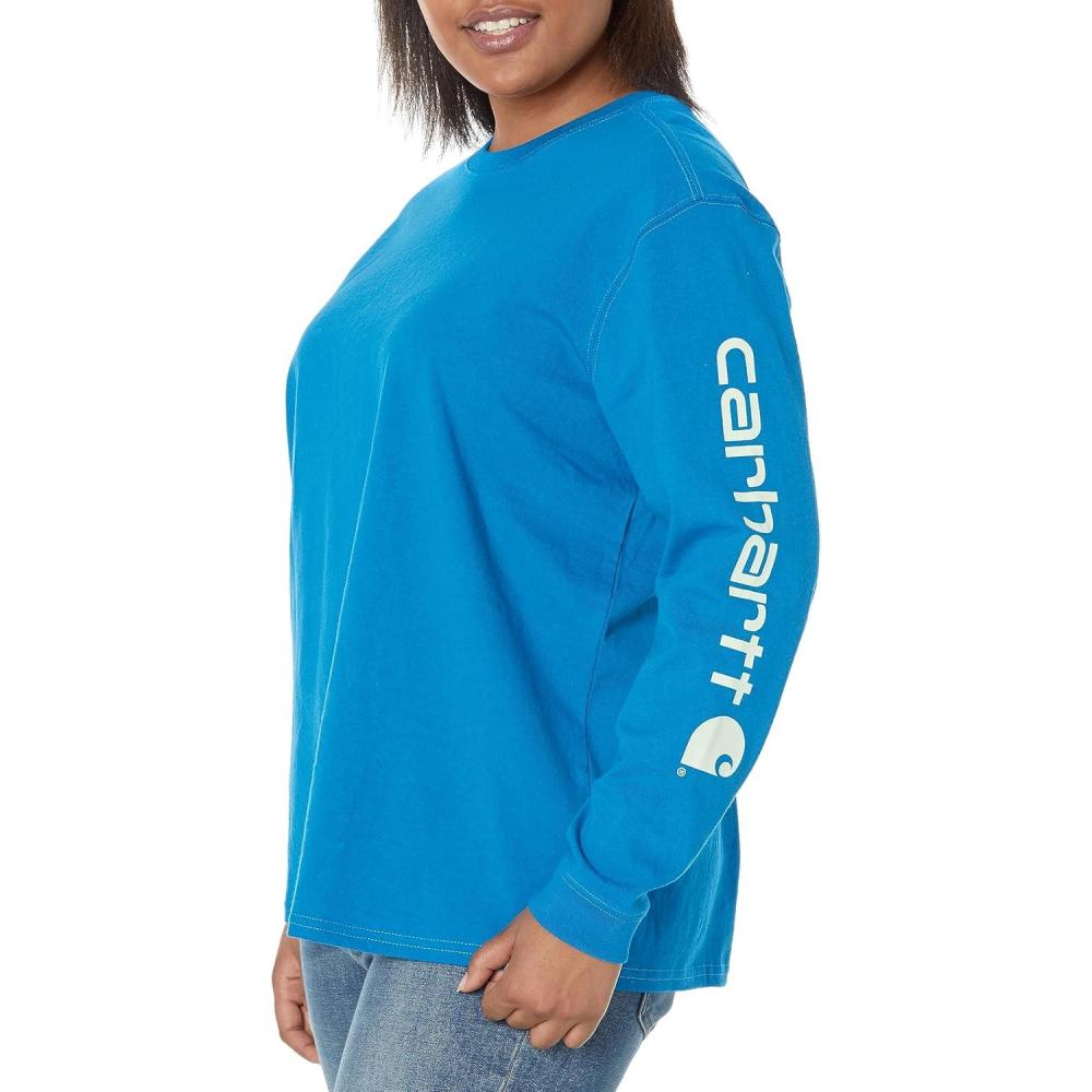 imageCarhartt Womens Loose Fit Heavyweight LongSleeve Logo Sleeve Graphic TShirtMarine Blue