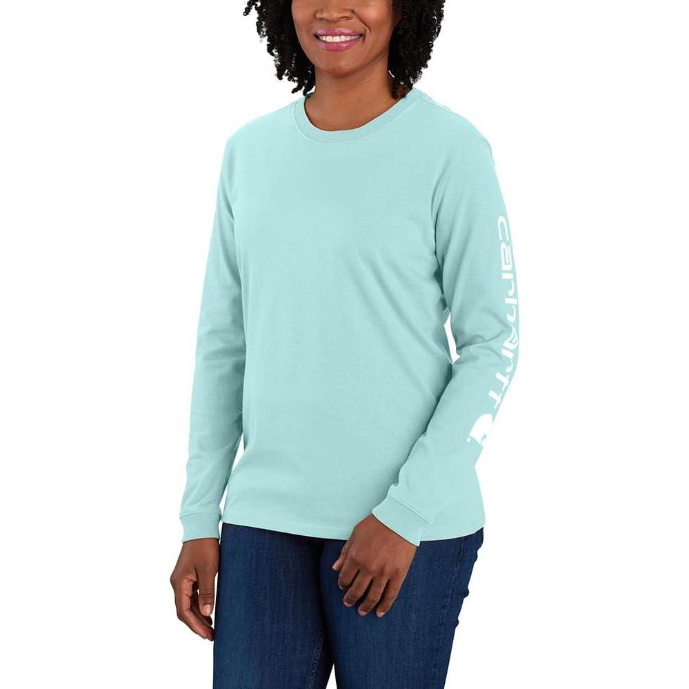 imageCarhartt Womens Loose Fit Heavyweight LongSleeve Logo Sleeve Graphic TShirtPastel Turquoise