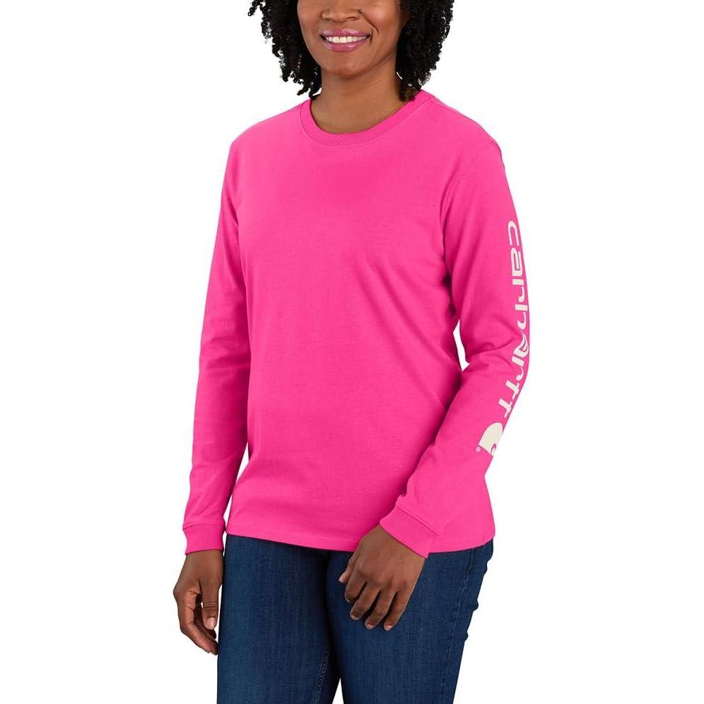 imageCarhartt Womens Loose Fit Heavyweight LongSleeve Logo Sleeve Graphic TShirtPink Glow