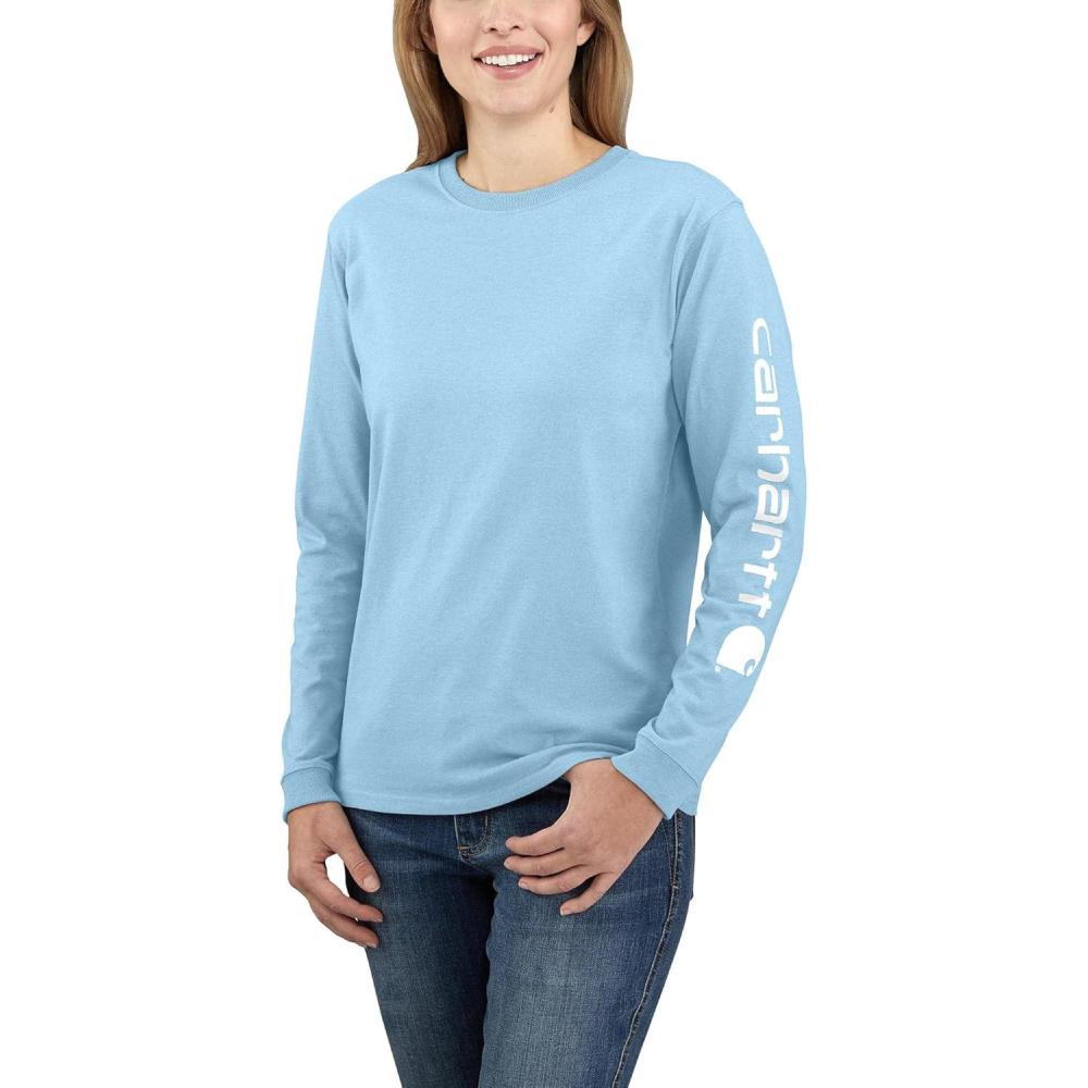 imageCarhartt Womens Loose Fit Heavyweight LongSleeve Logo Sleeve Graphic TShirtPowder Blue
