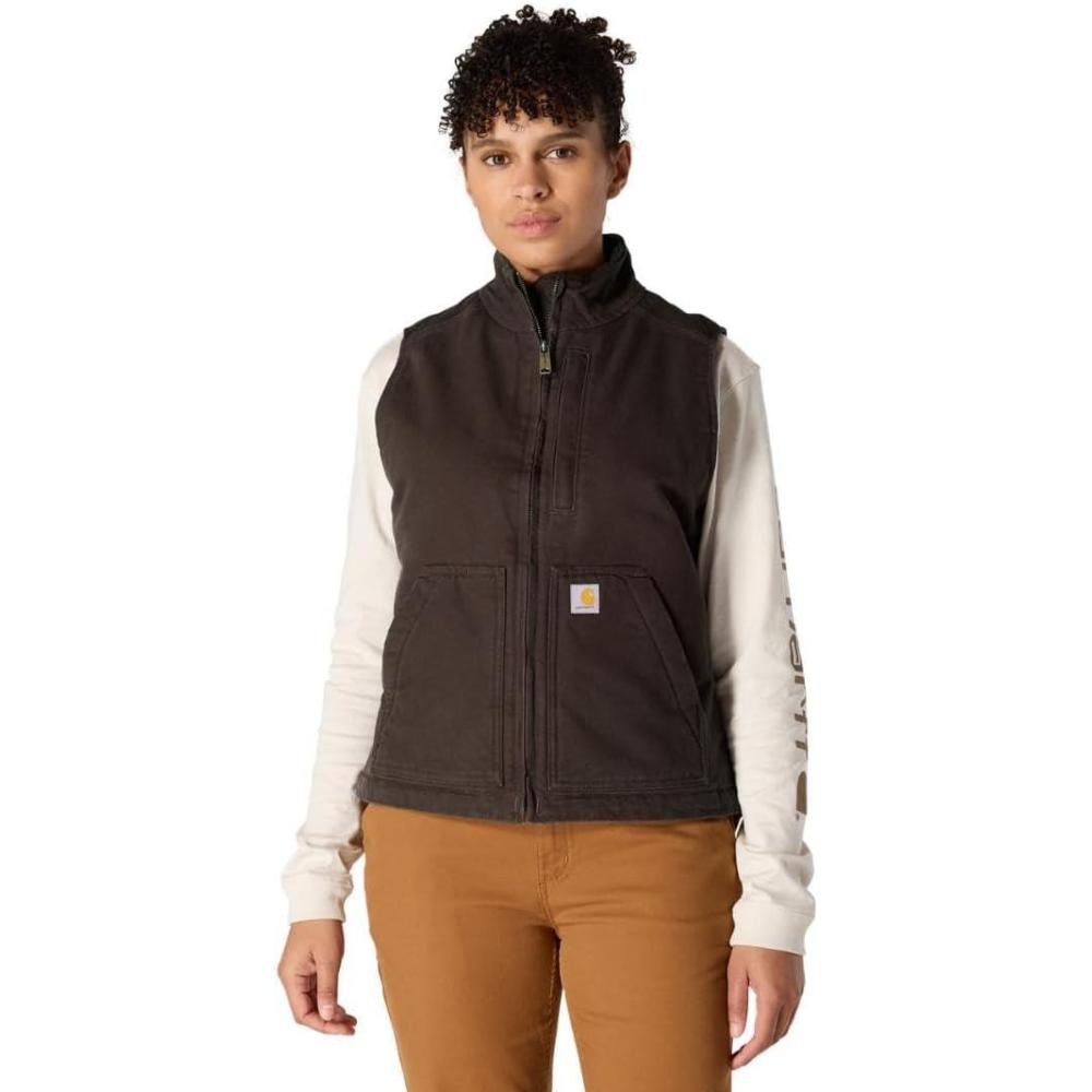 imageCarhartt Womens Relaxed Fit Washed Duck SherpaLined MockNeck VestDark Brown