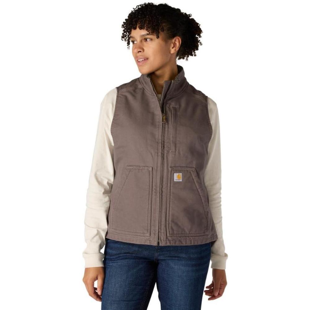 imageCarhartt Womens Relaxed Fit Washed Duck SherpaLined MockNeck VestTaupe Gray