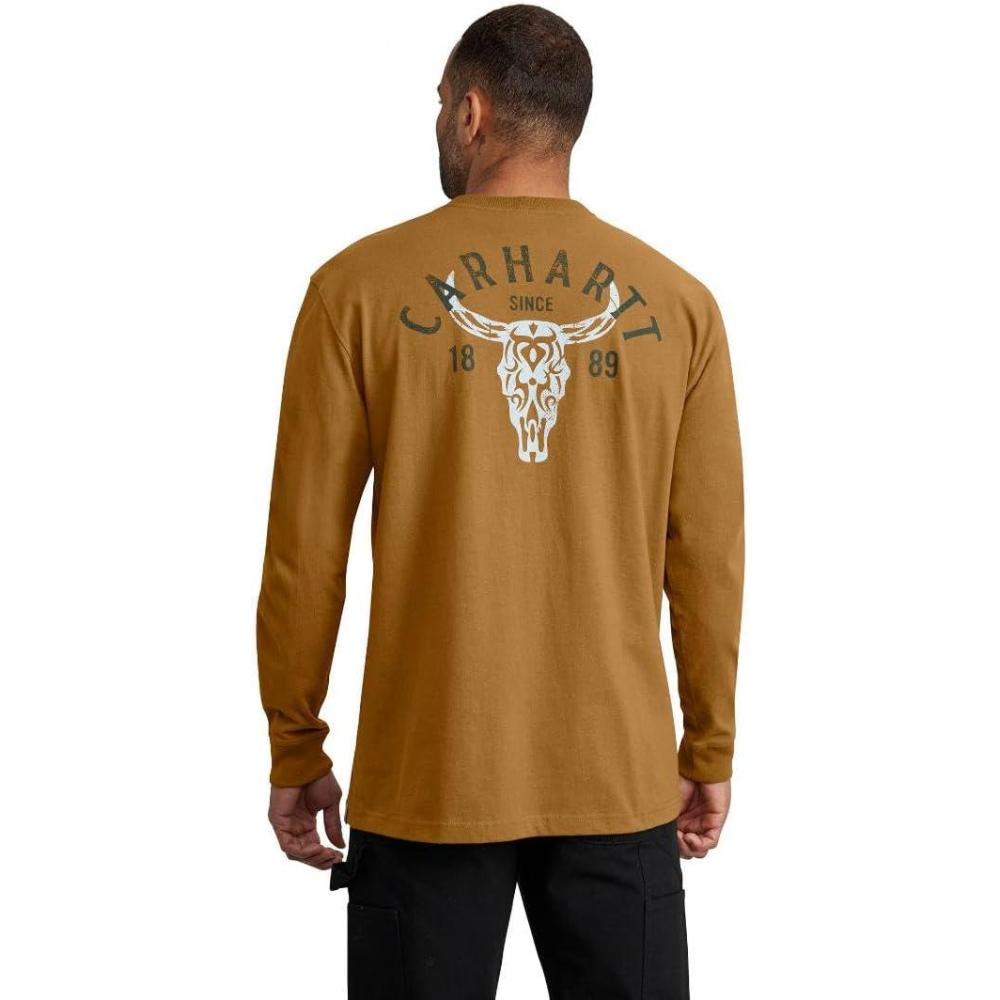 imageCarhartt Mens Loose Fit Heavyweight LongSleeve Pocket Longhorn Graphic TShirtCarhartt Brown