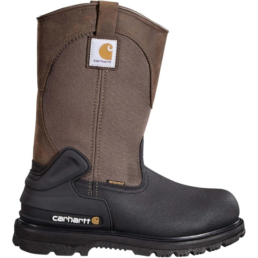 imageCarhartt Mens Heritage Waterproof 11quot Soft Toe Wellington Work BootDark BrownBlack Leather